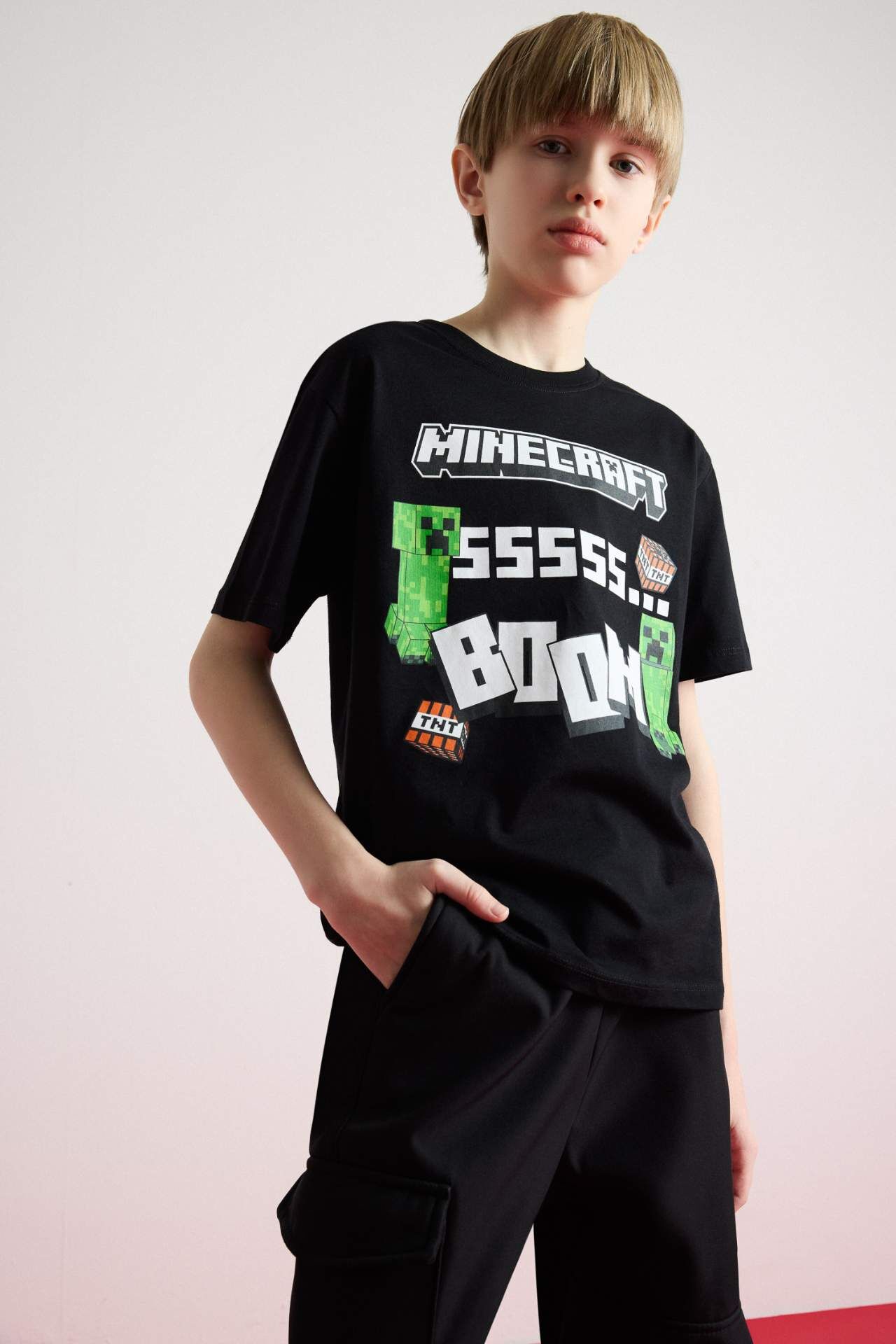 Erkek Çocuk Minecraft Bisiklet Yaka Kısa Kollu Tişört