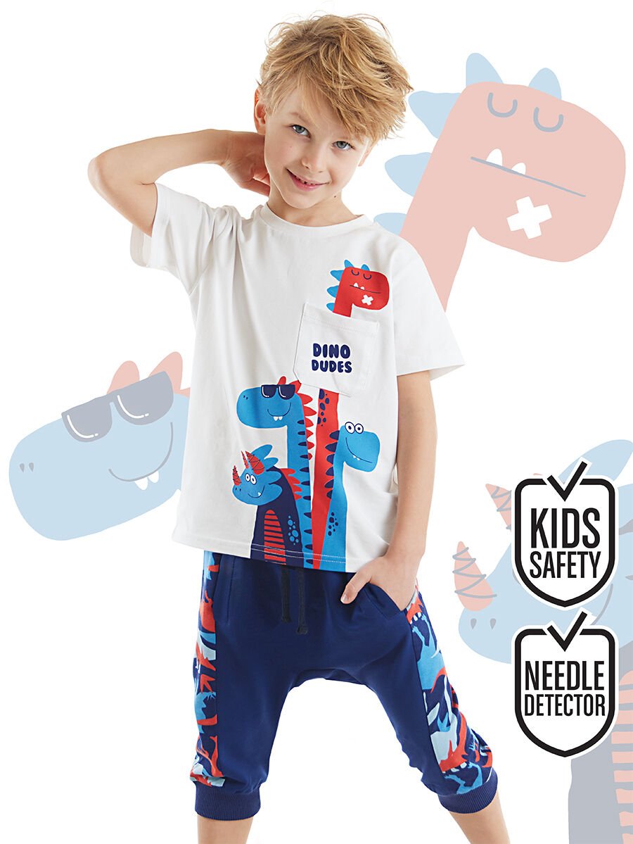 Dino Dudes Erkek Çocuk T-shirt Kapri Şort Takım 2 Y - Beyaz, Lacivert