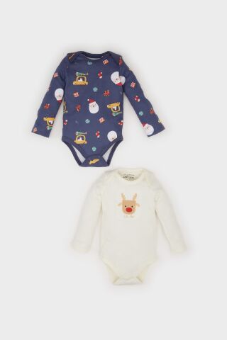 Erkek Bebek Yenidoğan Zarf Yaka Yılbaşı Temalı 2'li Uzun Kollu Çıtçıtlı Body