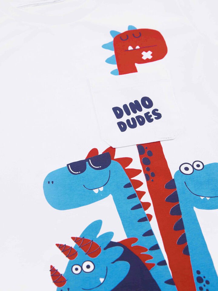 Dino Dudes Erkek Çocuk T-shirt Kapri Şort Takım 3 Y - Beyaz, Lacivert