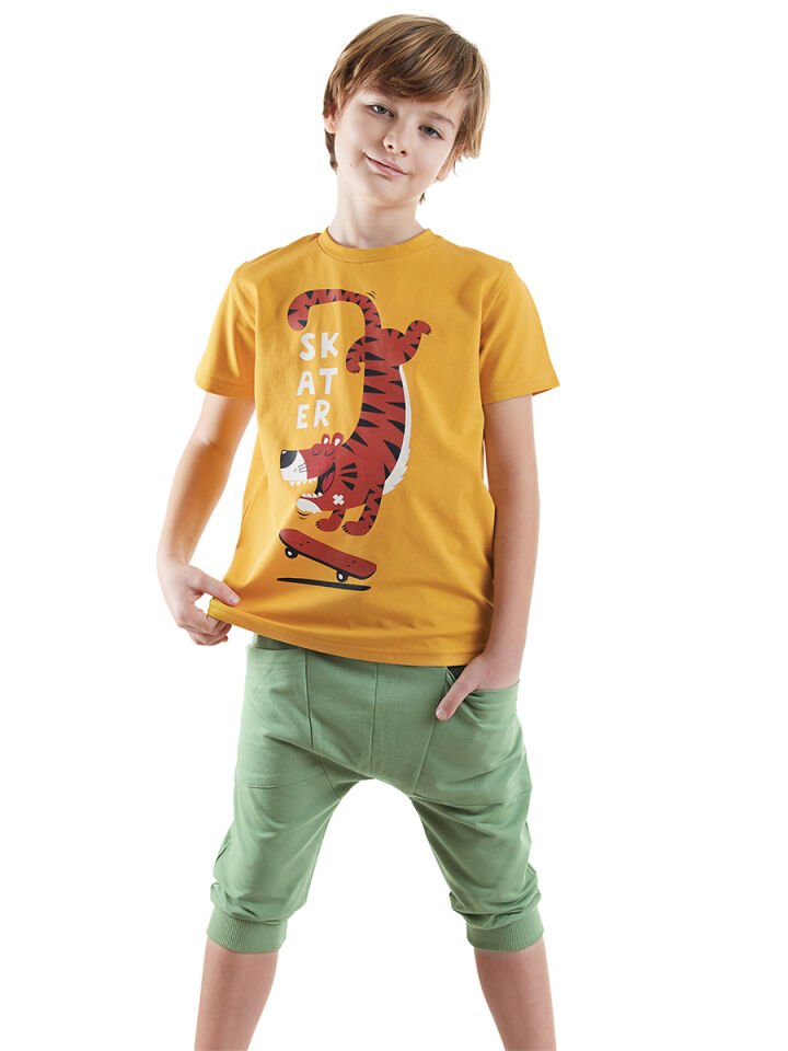 Skater Erkek Çocuk T-shirt Kapri Şort Takım 5 Y - Haki