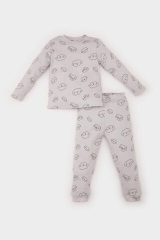 Erkek Bebek Pijama Takımı Fitilli Kaşkorse Bisiklet Yaka Desenli Uzun Kollu Üst Beli Lastikli Uzun Alt