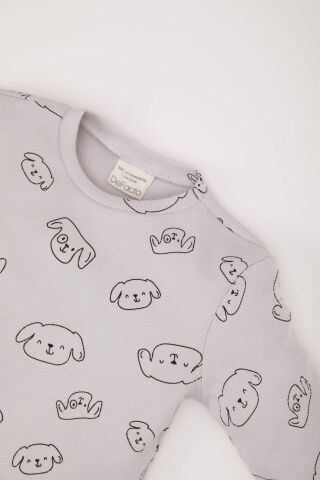 Erkek Bebek Pijama Takımı Fitilli Kaşkorse Bisiklet Yaka Desenli Uzun Kollu Üst Beli Lastikli Uzun Alt