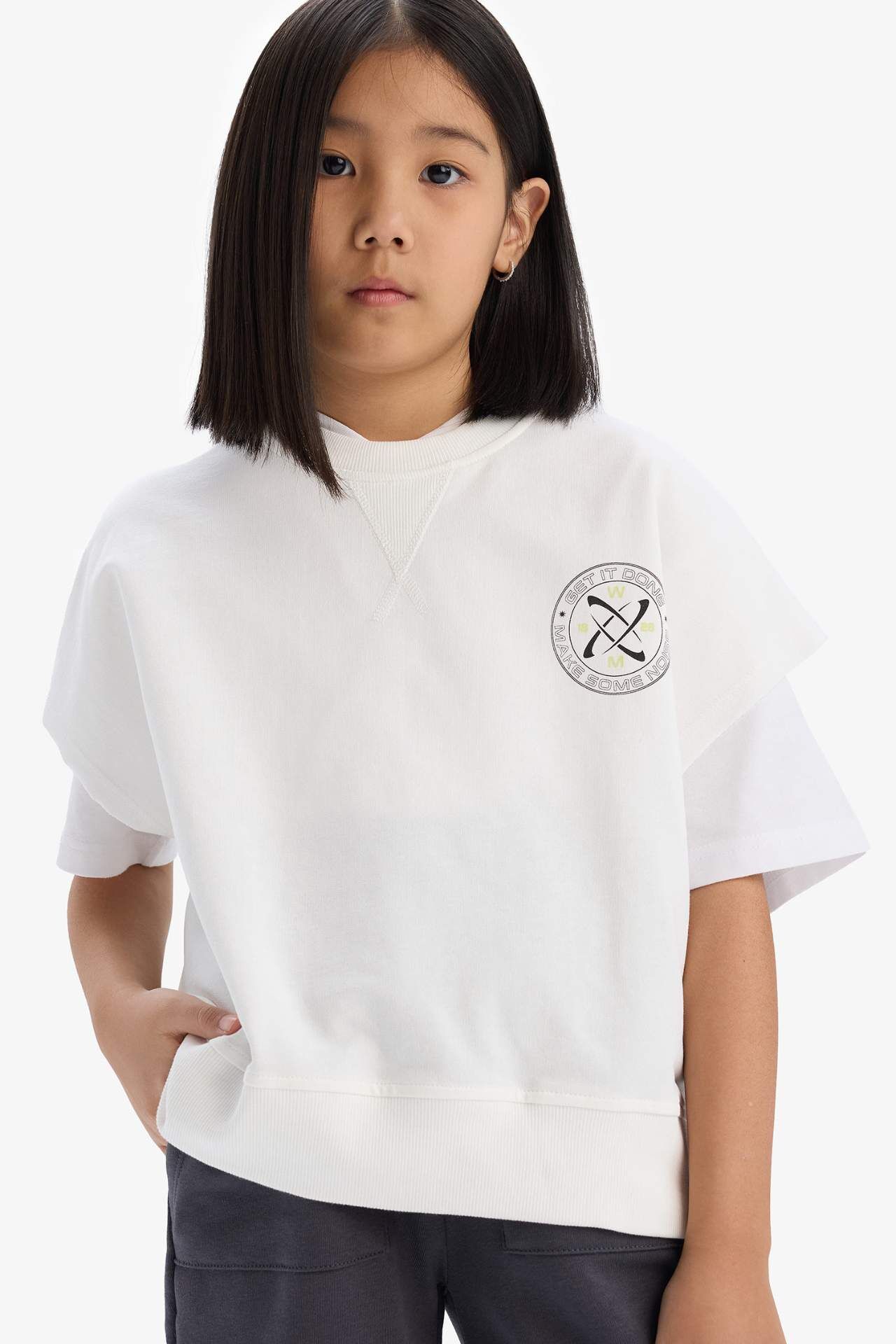 Kız Çocuk Oversize Geniş Kalıp Bisiklet Yaka Kısa Kollu Baskılı Sweatshirt