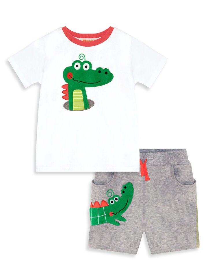 Timsah Baggy Erkek Çocuk T-shirt Şort Takım 3 Y - Beyaz Gri Yeşil
