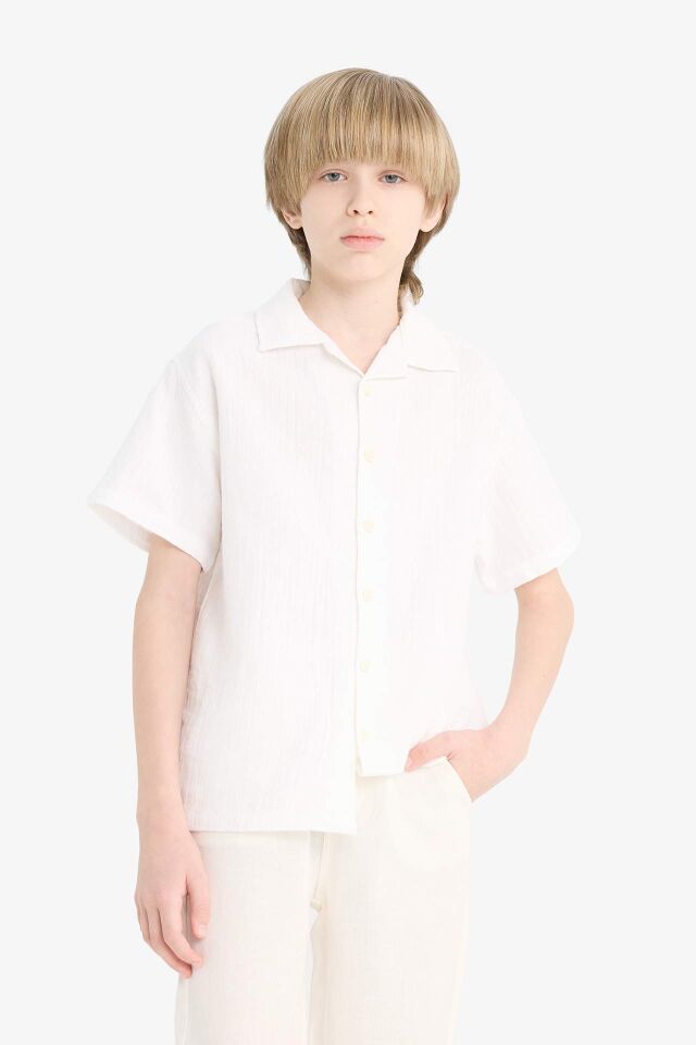 Erkek Çocuk Oversize Geniş Kalıp Polo Yaka Müslin Kısa Kollu Gömlek