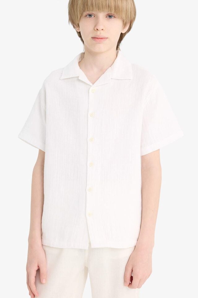 Erkek Çocuk Oversize Geniş Kalıp Polo Yaka Müslin Kısa Kollu Gömlek