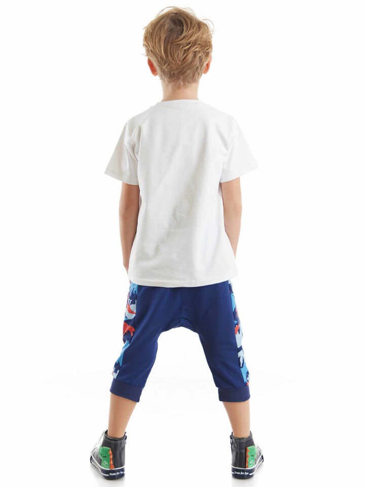 Dino Dudes Erkek Çocuk T-shirt Kapri Şort Takım 5 Y - Beyaz, Lacivert