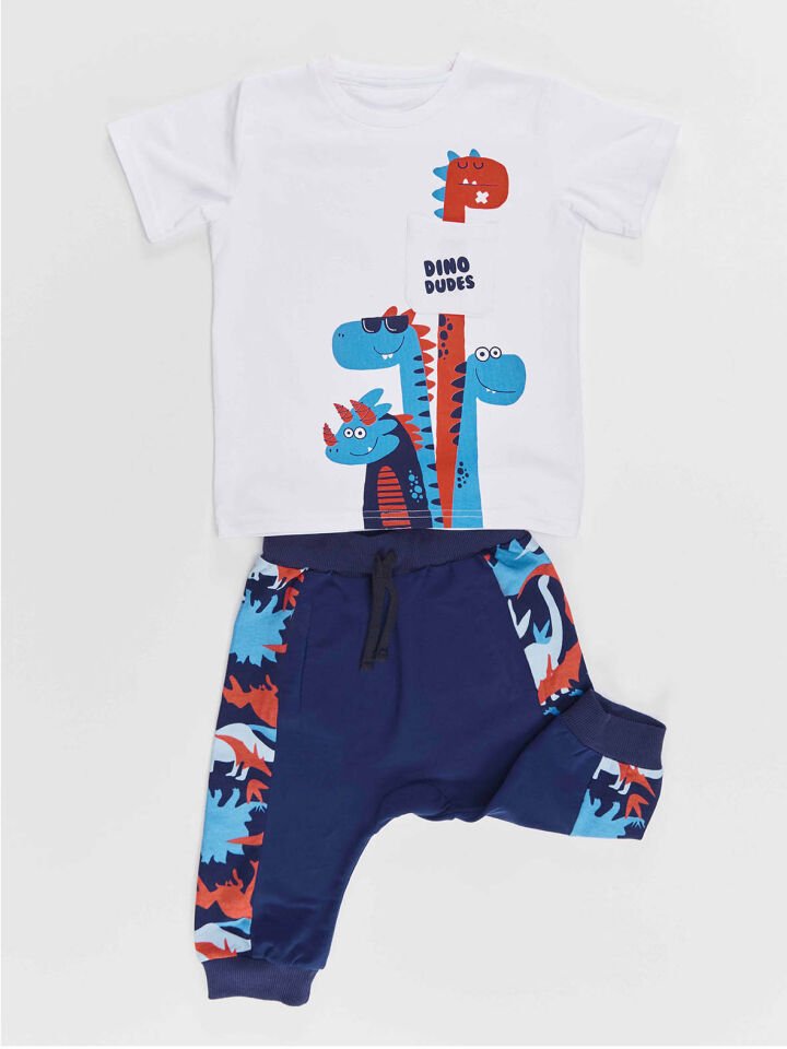 Dino Dudes Erkek Çocuk T-shirt Kapri Şort Takım 5 Y - Beyaz, Lacivert