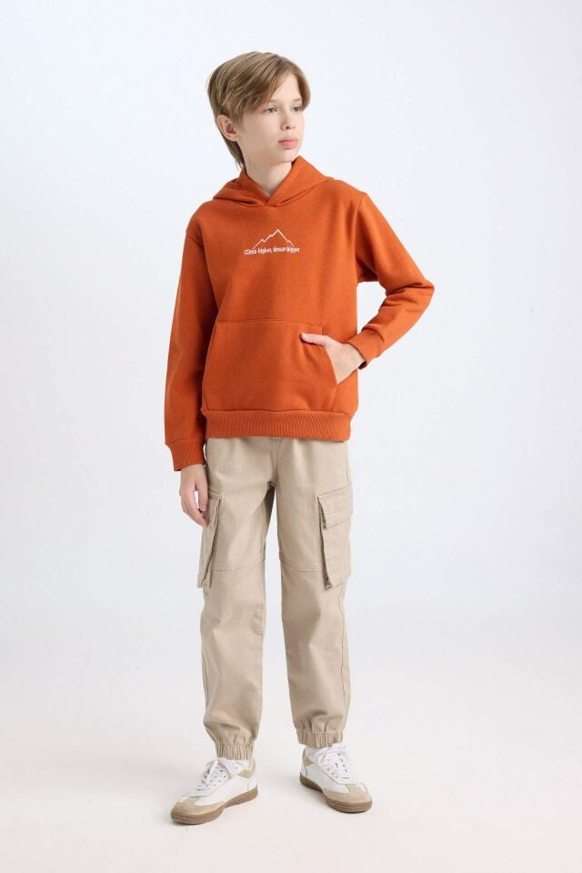 Erkek Çocuk Kapüşonlu Sırt Baskılı Nakışlı Kalın Sweatshirt