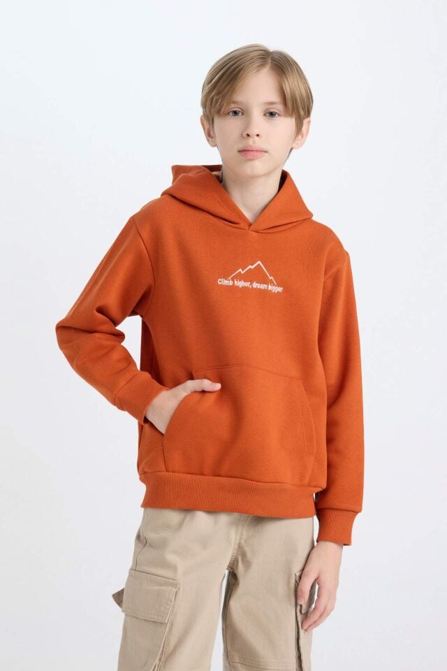 Erkek Çocuk Kapüşonlu Sırt Baskılı Nakışlı Kalın Sweatshirt