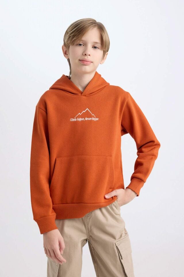Erkek Çocuk Kapüşonlu Sırt Baskılı Nakışlı Kalın Sweatshirt