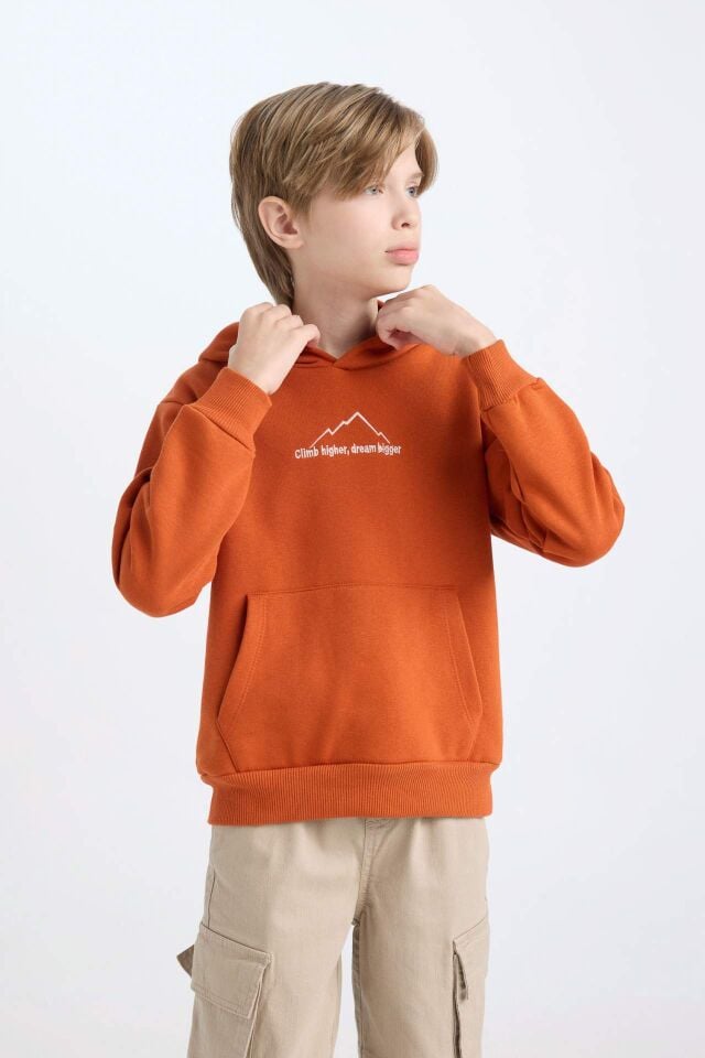 Erkek Çocuk Kapüşonlu Sırt Baskılı Nakışlı Kalın Sweatshirt