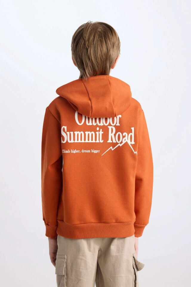 Erkek Çocuk Kapüşonlu Sırt Baskılı Nakışlı Kalın Sweatshirt