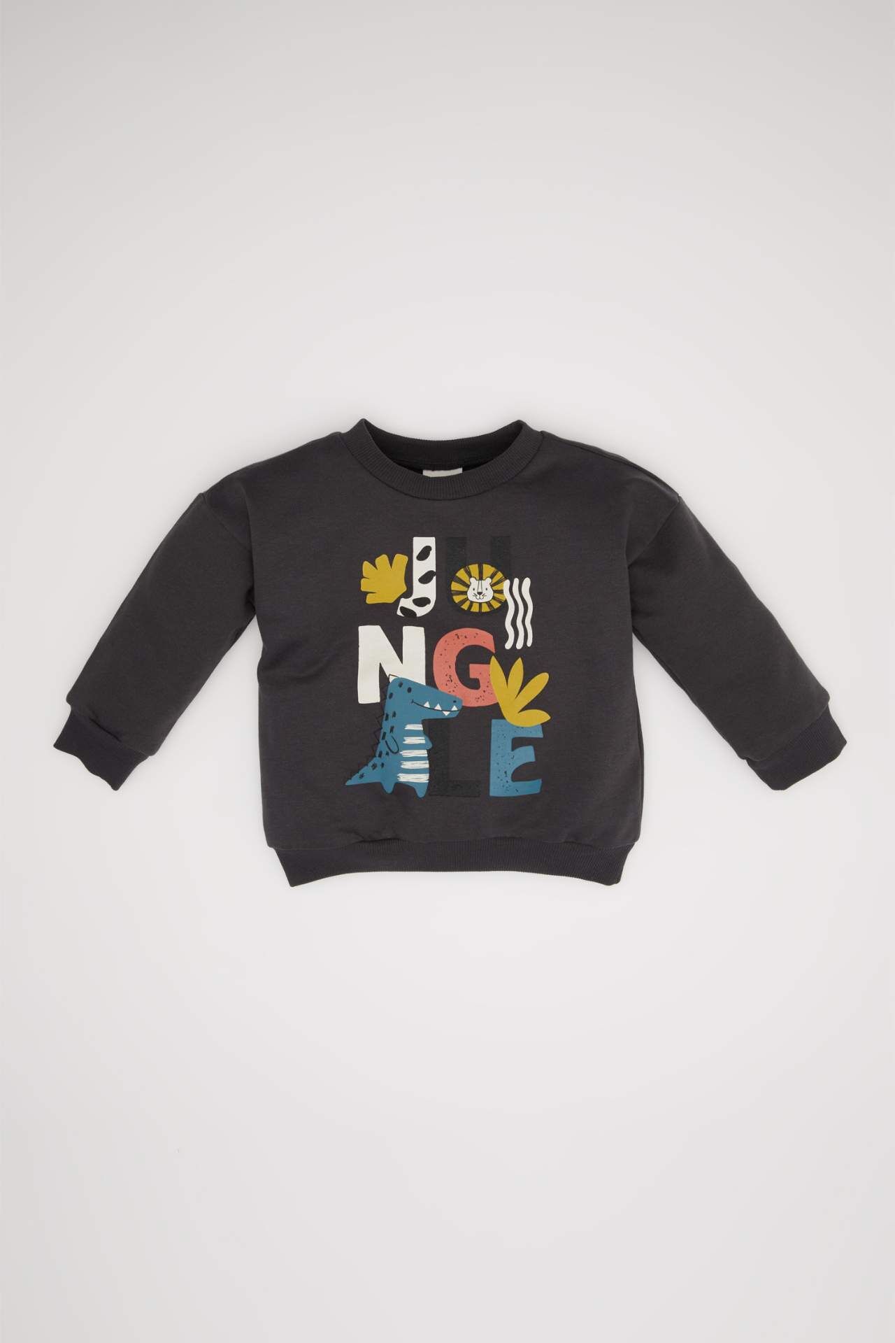 Erkek Bebek Bisiklet Yaka Hayvan Desenli İçi Yumuşak Tüylü Sweatshirt