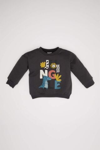 Erkek Bebek Bisiklet Yaka Hayvan Desenli İçi Yumuşak Tüylü Sweatshirt