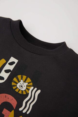 Erkek Bebek Bisiklet Yaka Hayvan Desenli İçi Yumuşak Tüylü Sweatshirt