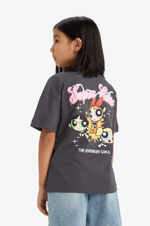 Kız Çocuk PowerPuff Girls Oversize Geniş Kalıp Bisiklet Yaka Sırt Baskılı Kısa Kollu Tişört