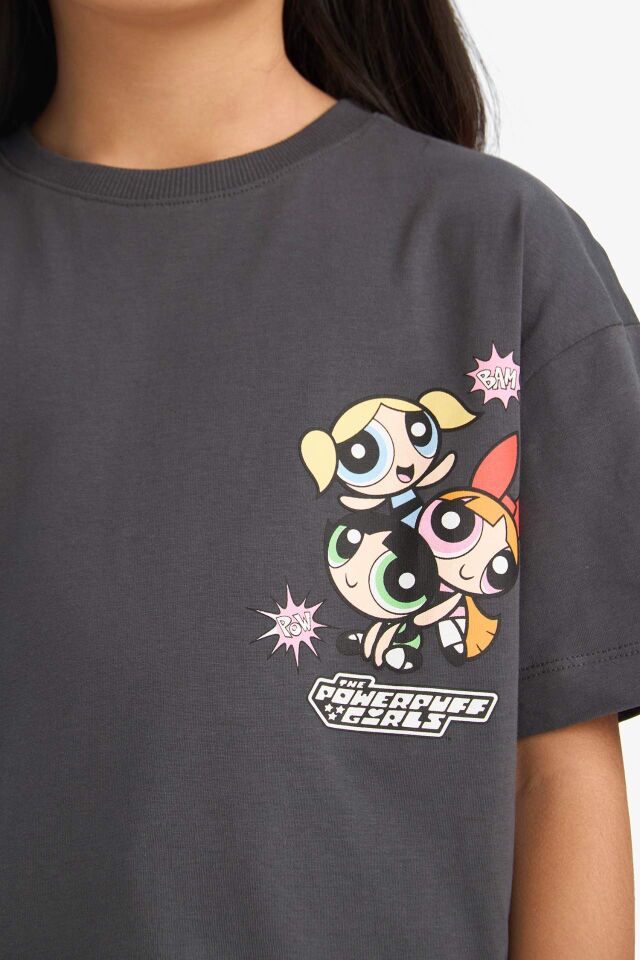 Kız Çocuk PowerPuff Girls Oversize Geniş Kalıp Bisiklet Yaka Sırt Baskılı Kısa Kollu Tişört