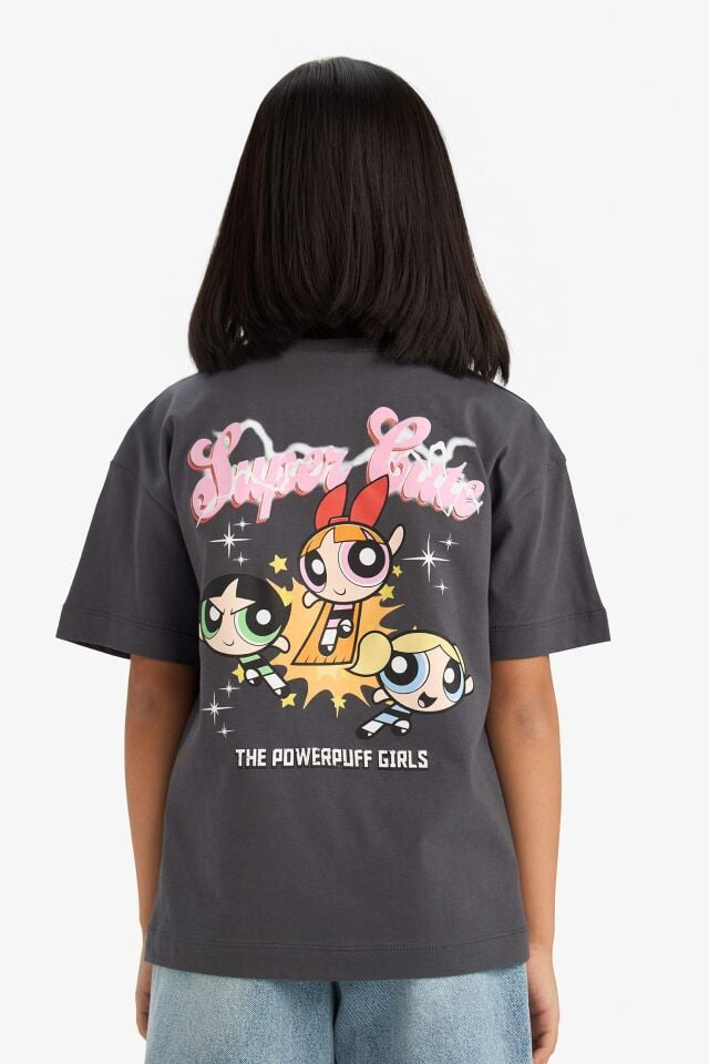 Kız Çocuk PowerPuff Girls Oversize Geniş Kalıp Bisiklet Yaka Sırt Baskılı Kısa Kollu Tişört