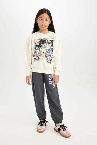 Kız Çocuk Oversize Geniş Kalıp Bisiklet Yaka Baskılı Sweatshirt