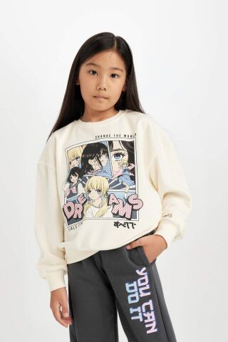 Kız Çocuk Oversize Geniş Kalıp Bisiklet Yaka Baskılı Sweatshirt
