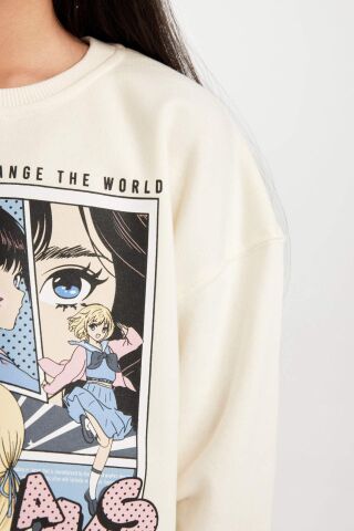 Kız Çocuk Oversize Geniş Kalıp Bisiklet Yaka Baskılı Sweatshirt