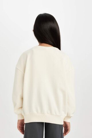 Kız Çocuk Oversize Geniş Kalıp Bisiklet Yaka Baskılı Sweatshirt