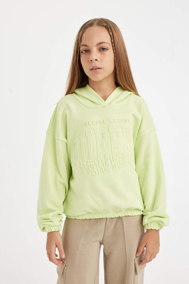Kız Çocuk Relax Fit Kapüşonlu Baskılı Sweatshirt