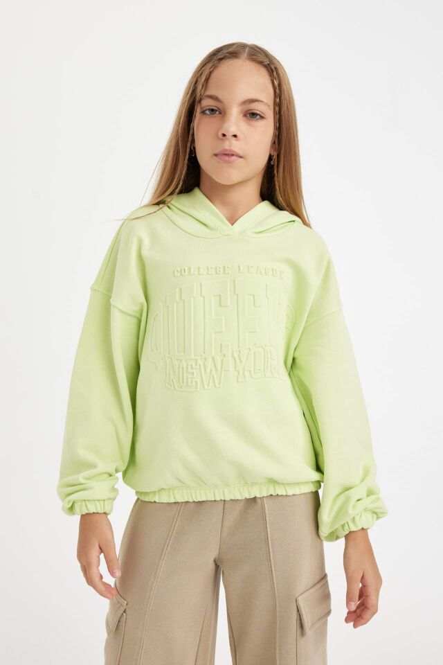Kız Çocuk Relax Fit Kapüşonlu Baskılı Sweatshirt