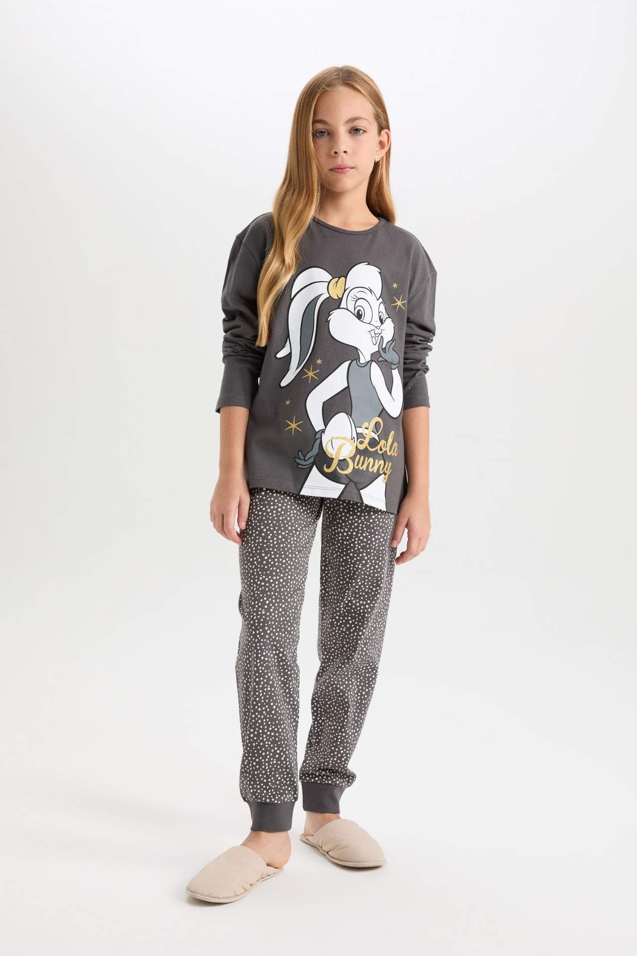 Kız Çocuk Pijama Takım Looney Tunes Uzun Kollu Üst Beli Lastikli Uzun Alt