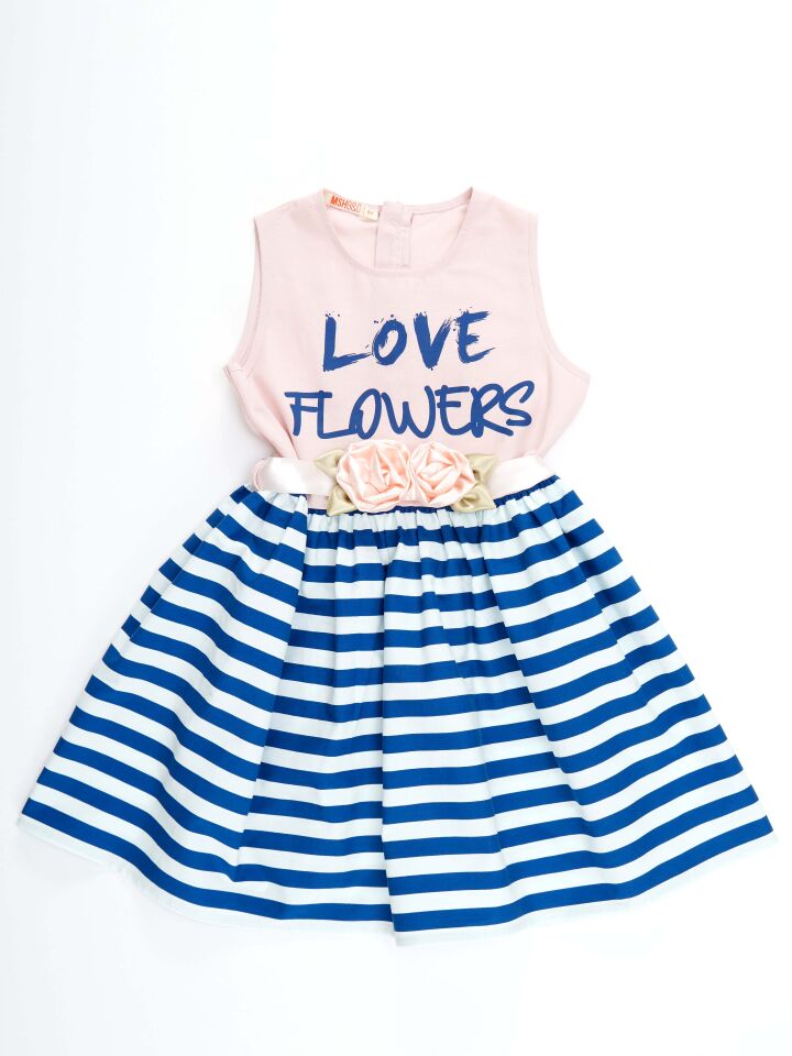 Çiçekli Çizgili Kız Çocuk Abiye Pembe Elbise