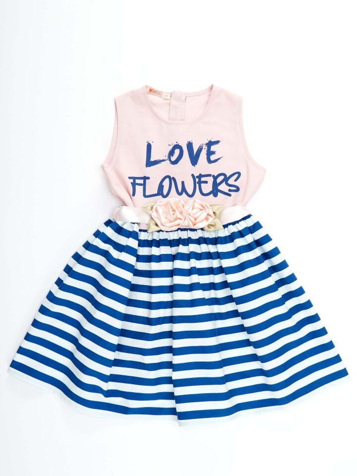Çiçekli Çizgili Kız Çocuk Abiye Pembe Elbise