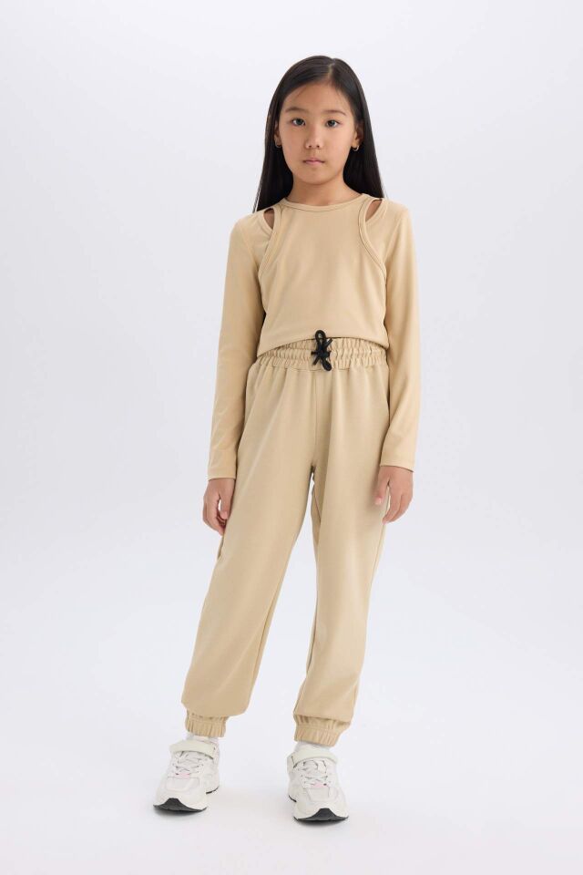 Kız Çocuk Slim Fit Dar Kesim Bisiklet Yaka Fitilli Kaşkorse Uzun Kollu Tişört