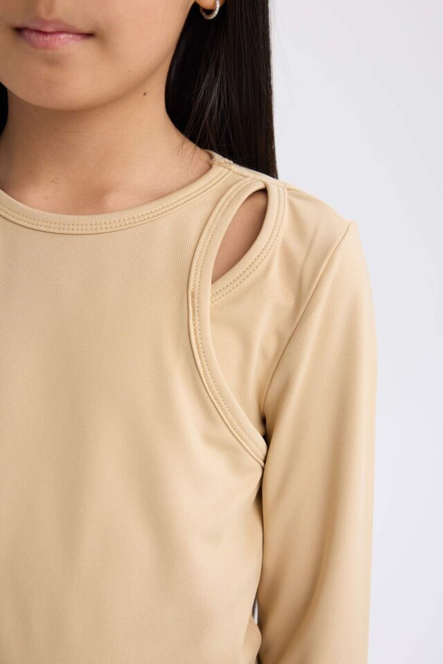 Kız Çocuk Slim Fit Dar Kesim Bisiklet Yaka Fitilli Kaşkorse Uzun Kollu Tişört