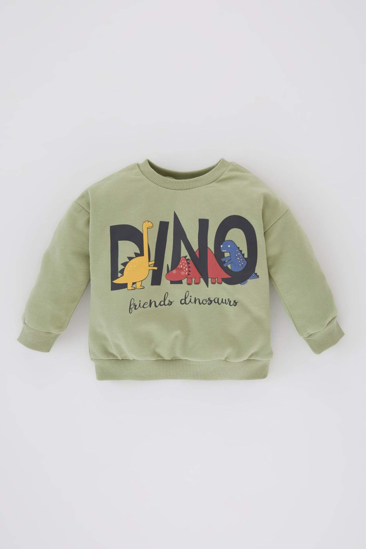 Erkek Bebek Bisiklet Yaka Dinazor Baskılı İçi Yumuşak Tüylü Sweatshirt