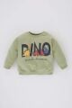 Erkek Bebek Bisiklet Yaka Dinazor Baskılı İçi Yumuşak Tüylü Sweatshirt