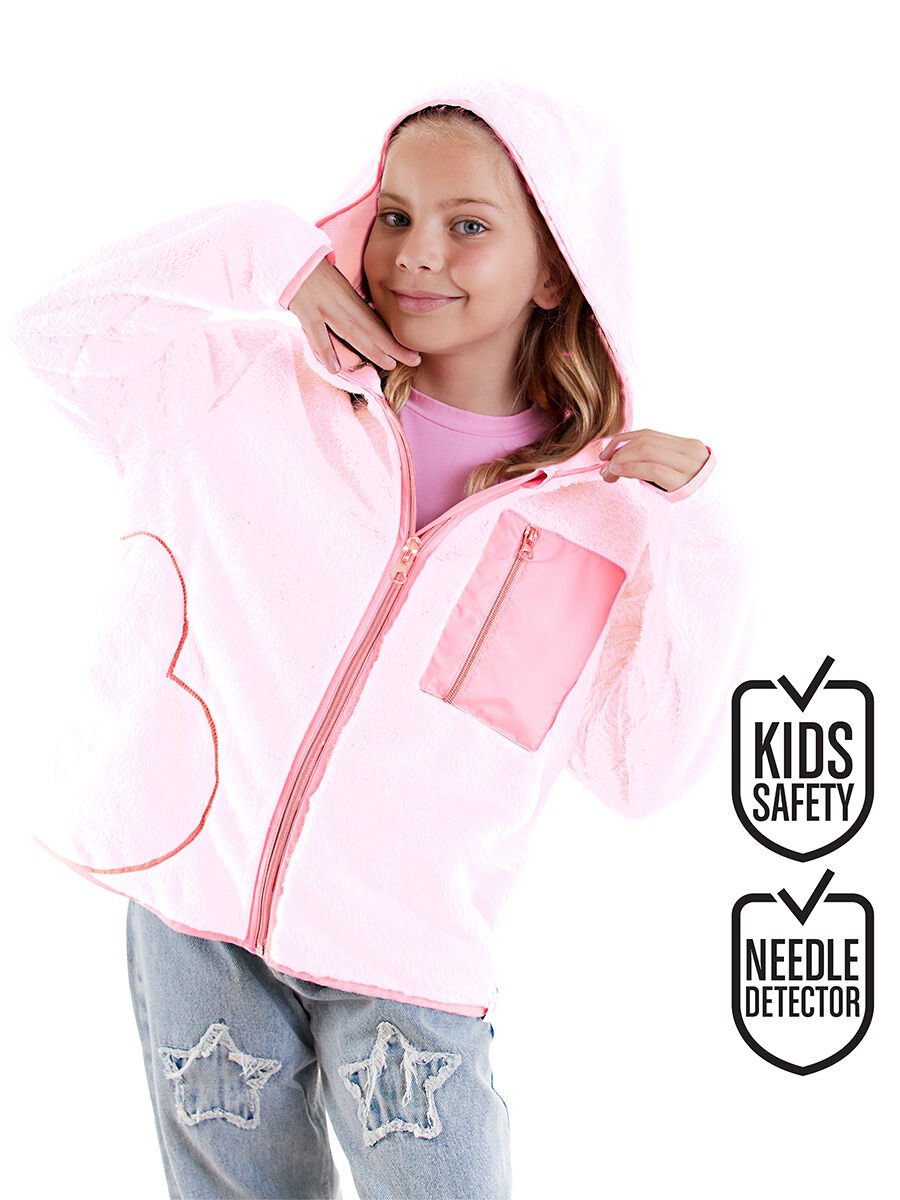 Kalp Cepli Kız Çocuk Pembe Peluş Mont