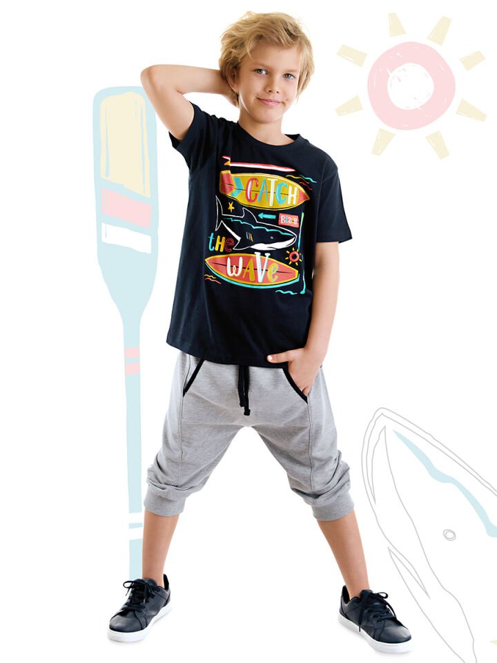 Catch Wave Erkek Çocuk T-shirt Kapri Şort Takım 7 Y - Gri, Lacivert