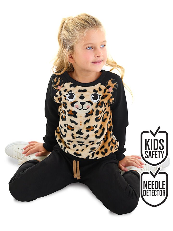Peluş Leopar Kız Çocuk Eşofman Takım 8 Y - Siyah