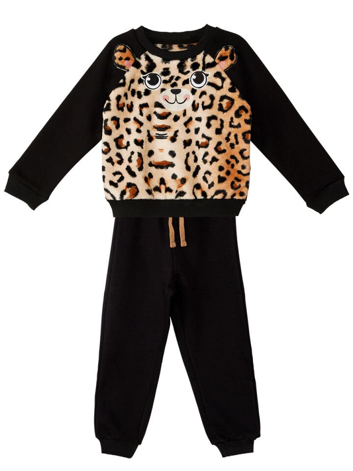Peluş Leopar Kız Çocuk Eşofman Takım 8 Y - Siyah