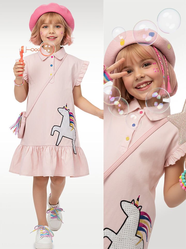 Puantiye Unicorn Kız Çocuk Gömlek Elbise 5Y - Pembe