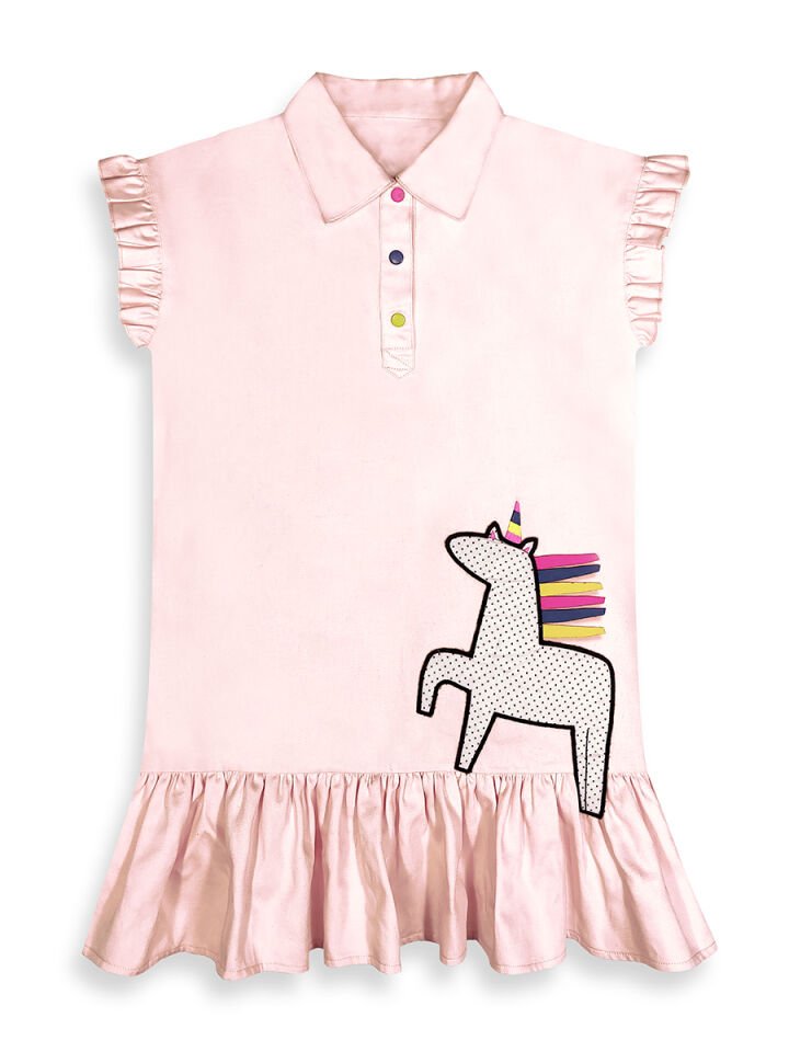 Puantiye Unicorn Kız Çocuk Gömlek Elbise 5Y - Pembe