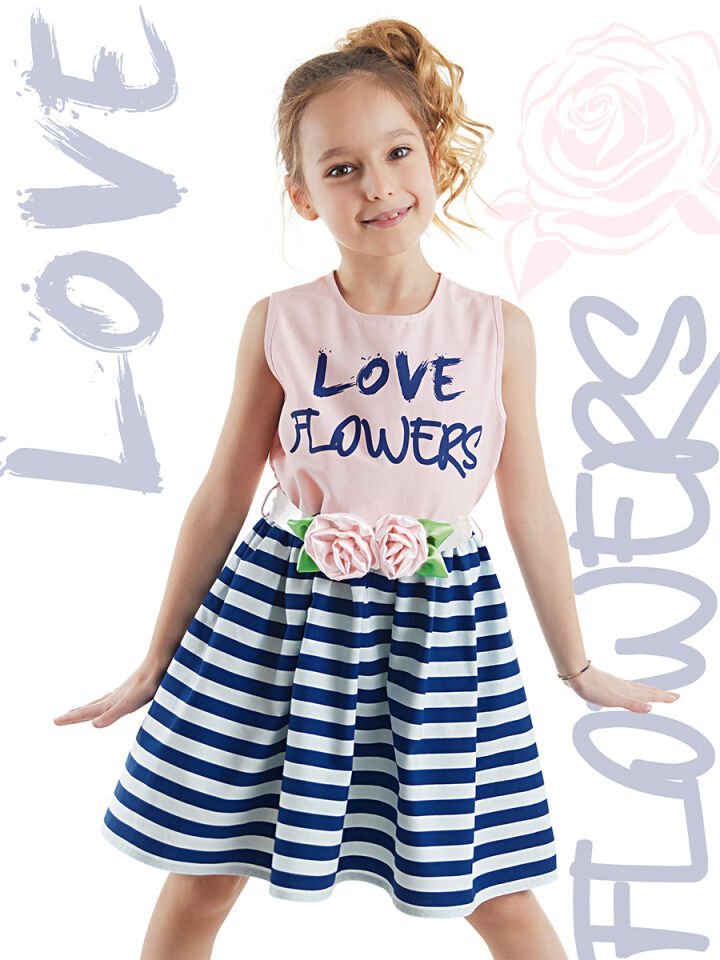 Çiçekli Çizgili Kız Çocuk Abiye Pembe Elbise 7 Y