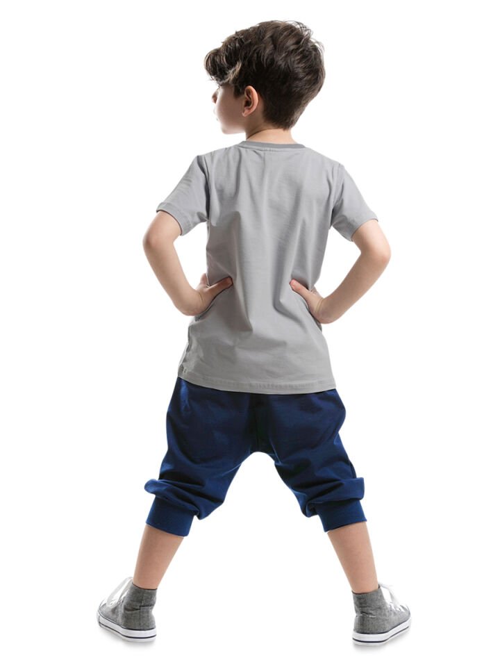 Fermuar Dino Erkek Çocuk T-shirt Kapri Şort Takım 3 Y - Gri,Lacivert