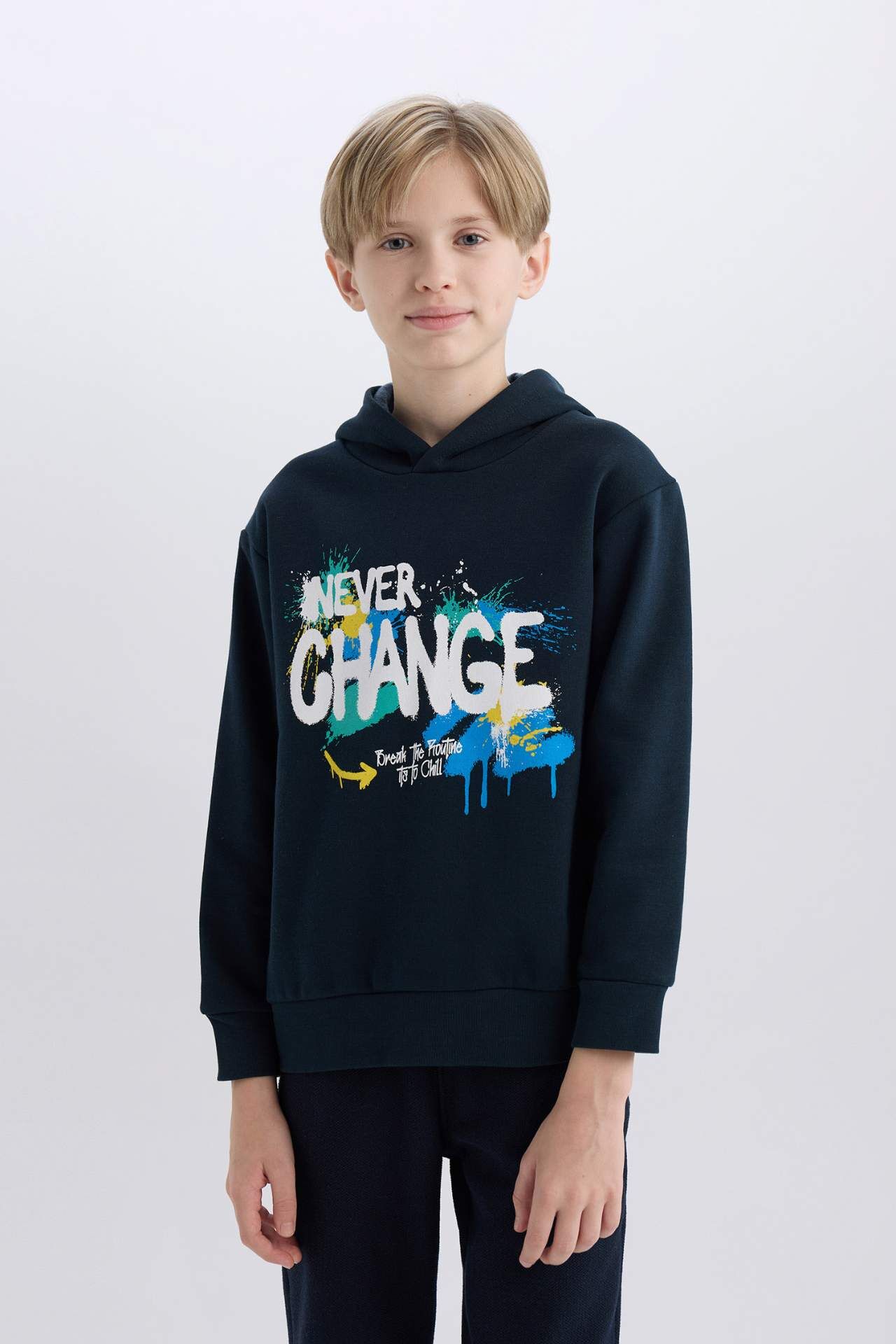 Erkek Çocuk Kapüşonlu Baskılı İçi Yumuşak Tüylü Sweatshirt