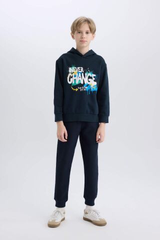 Erkek Çocuk Kapüşonlu Baskılı İçi Yumuşak Tüylü Sweatshirt