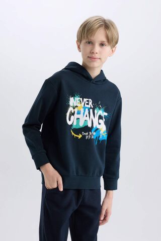 Erkek Çocuk Kapüşonlu Baskılı İçi Yumuşak Tüylü Sweatshirt