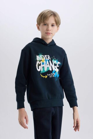 Erkek Çocuk Kapüşonlu Baskılı İçi Yumuşak Tüylü Sweatshirt