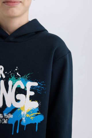 Erkek Çocuk Kapüşonlu Baskılı İçi Yumuşak Tüylü Sweatshirt